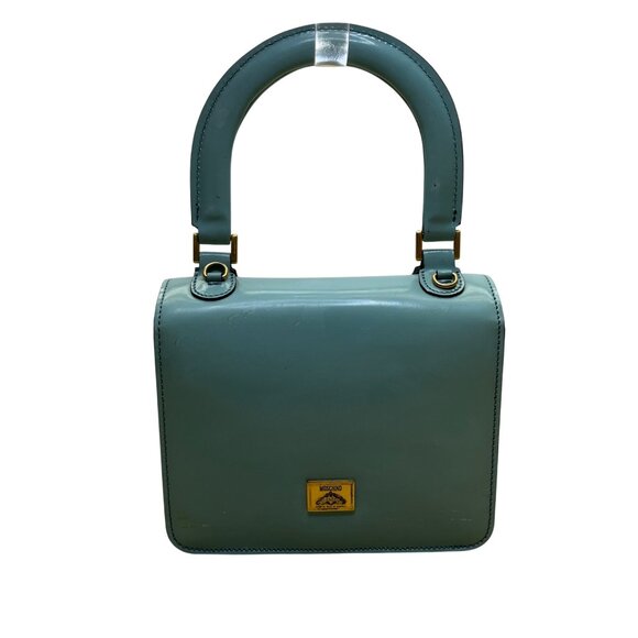 Moschino Women’s Light Blue Leather Gold Logo Hardware Structured Clutch Handbag - Picture 2 of 16